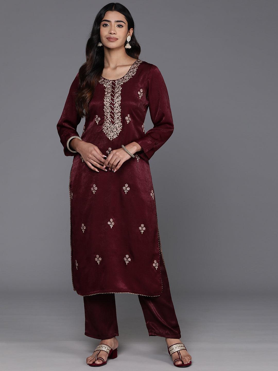 Maroon Embroidered Polyester Straight Kurta With Trousers - ShopLibas