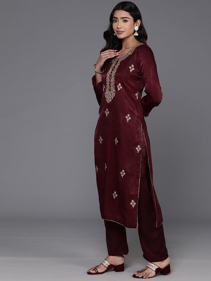 Maroon Embroidered Polyester Straight Kurta With Trousers - ShopLibas