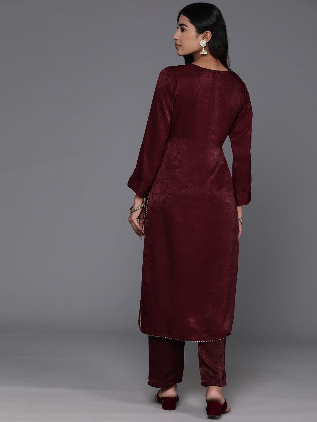 Maroon Embroidered Polyester Straight Kurta With Trousers - ShopLibas