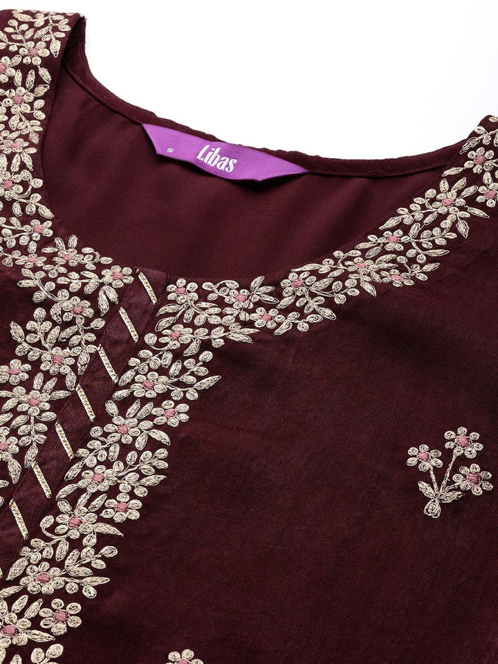 Maroon Embroidered Polyester Straight Kurta With Trousers - ShopLibas