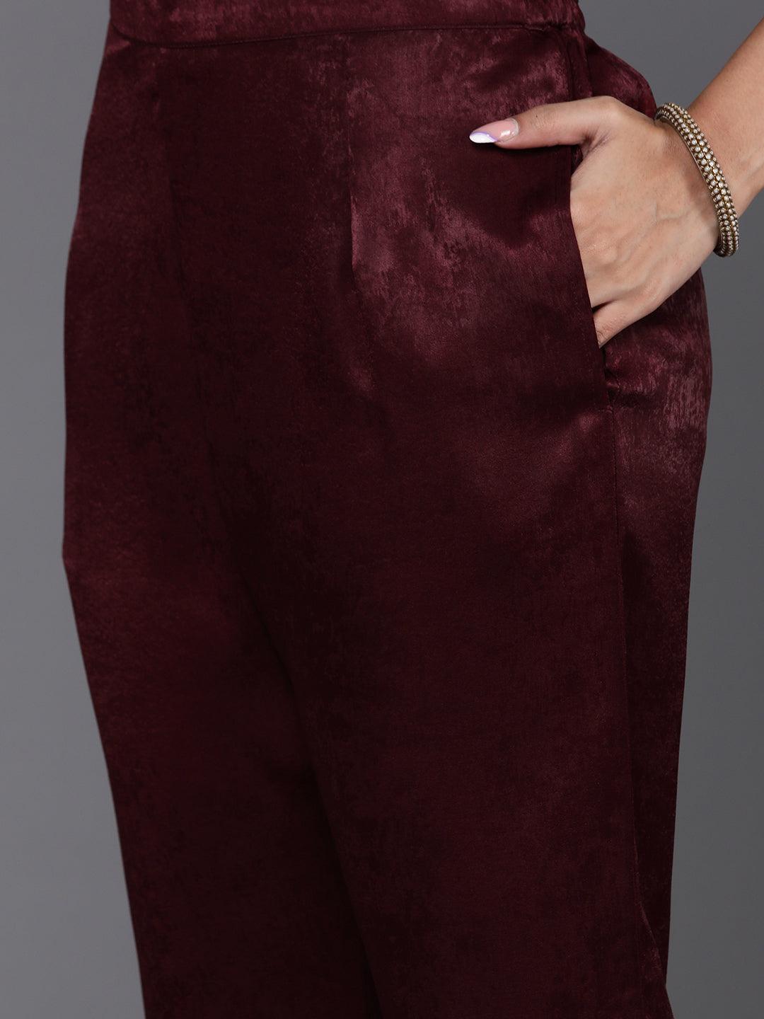 Maroon Embroidered Polyester Straight Kurta With Trousers - ShopLibas