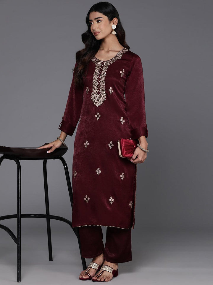 Maroon Embroidered Polyester Straight Kurta With Trousers - ShopLibas