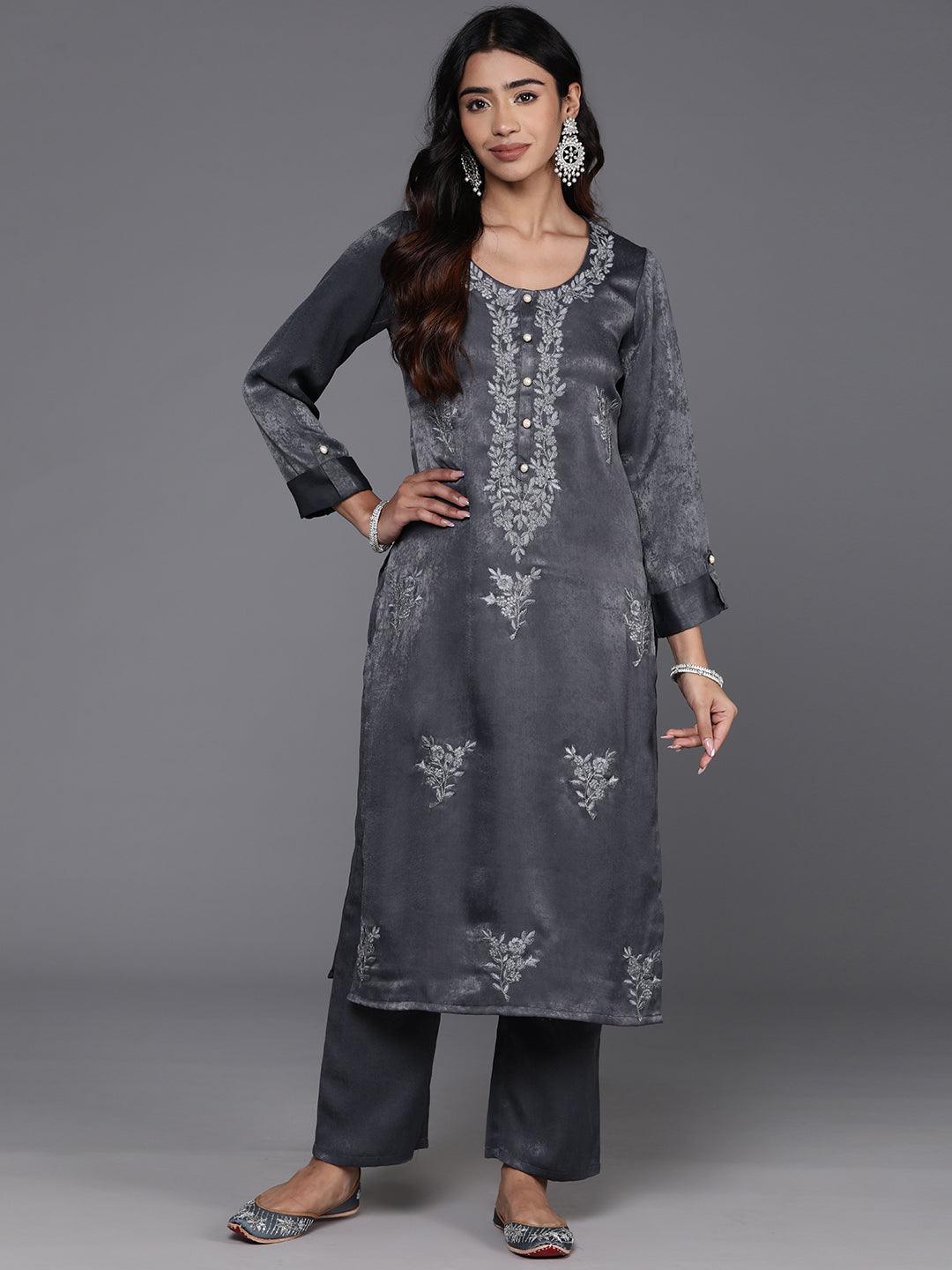 Grey Embroidered Polyester Straight Kurta Set