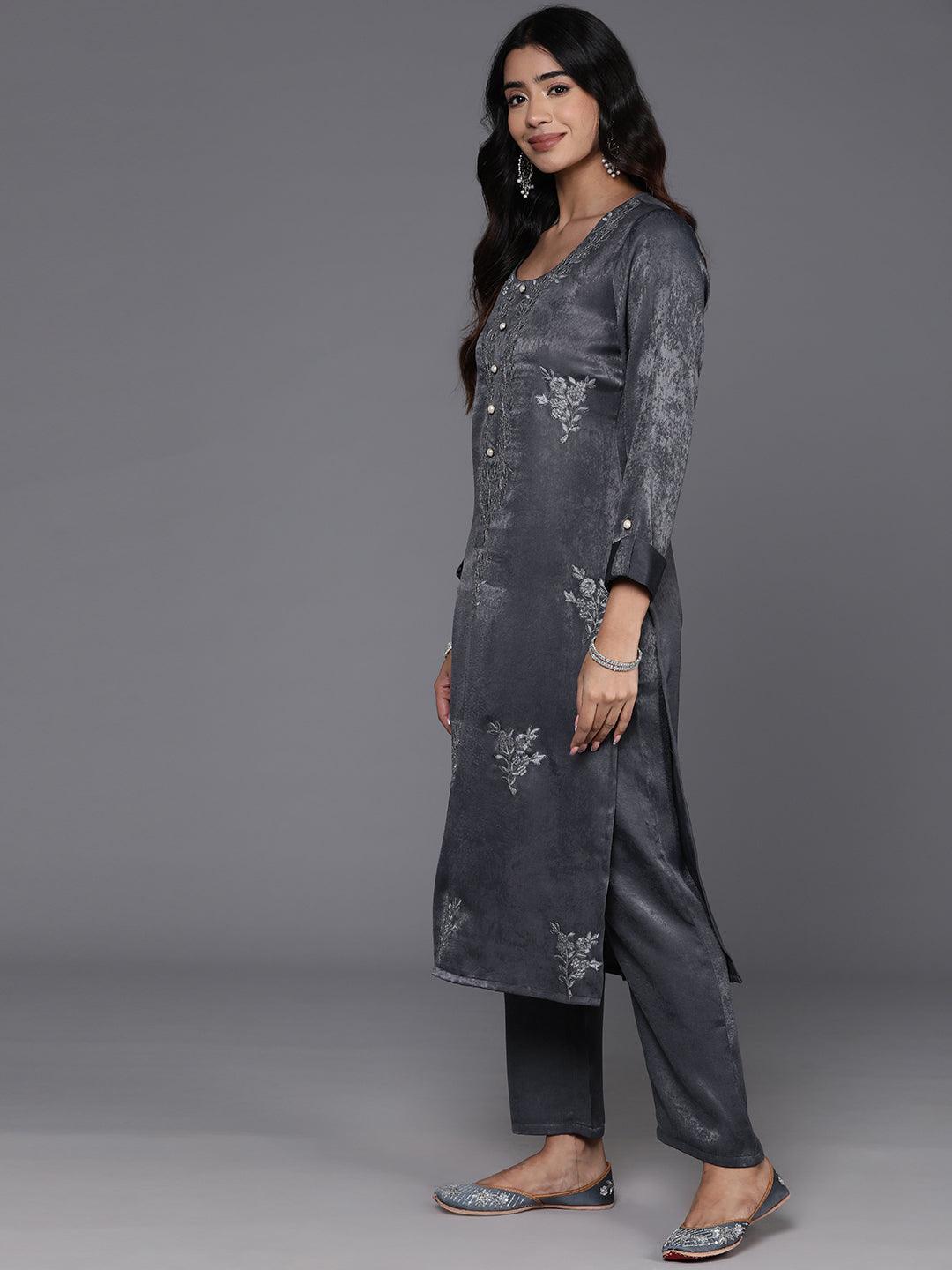 Grey Embroidered Polyester Straight Kurta Set