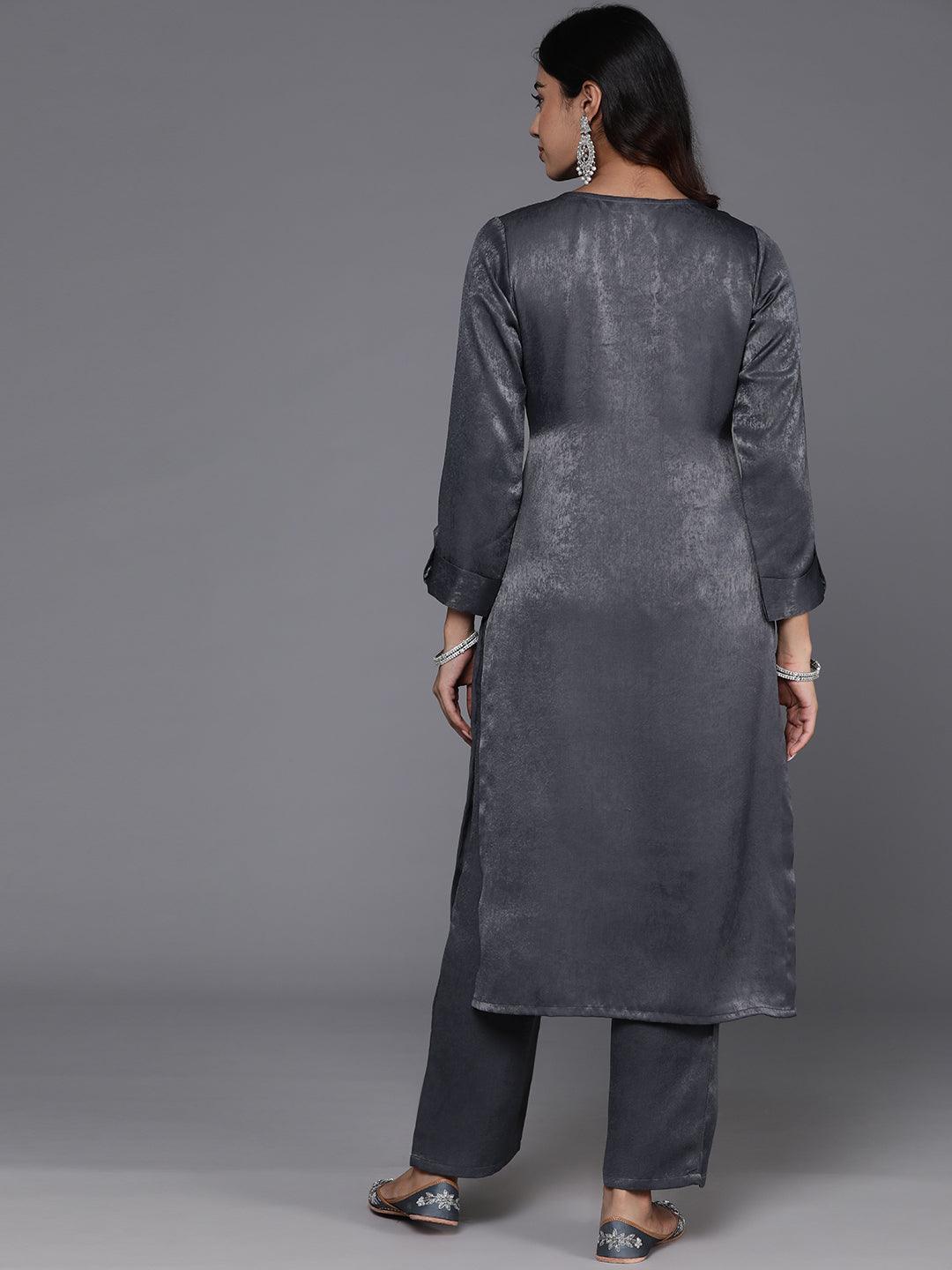 Grey Embroidered Polyester Straight Kurta Set