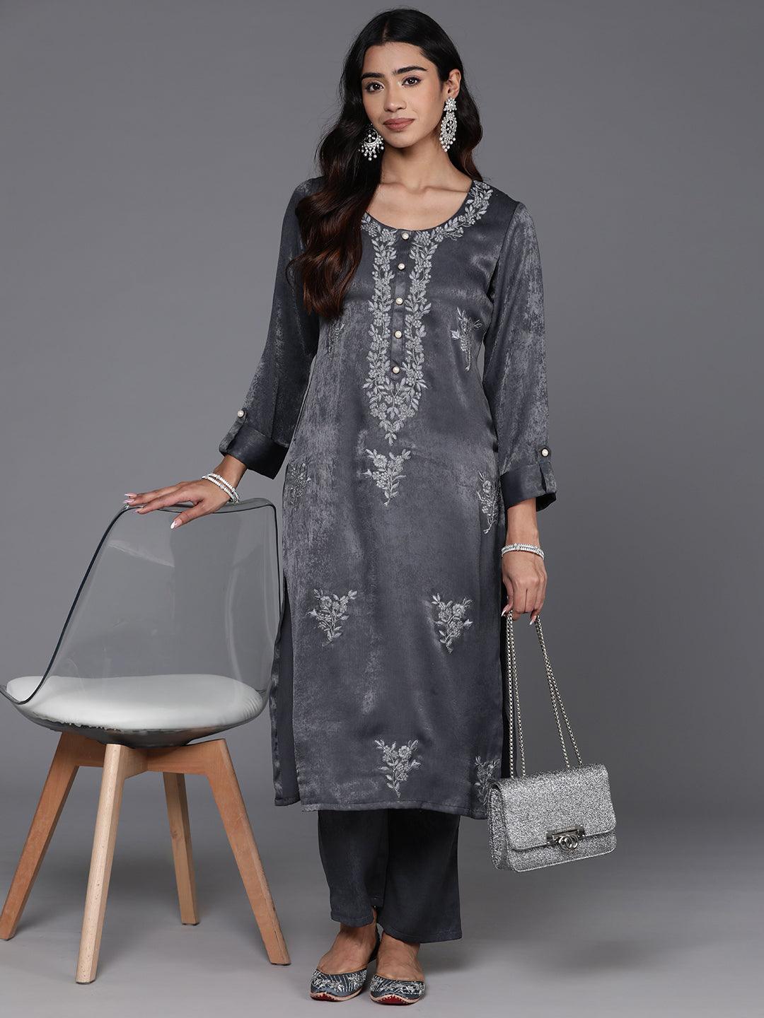 Grey Embroidered Polyester Straight Kurta Set