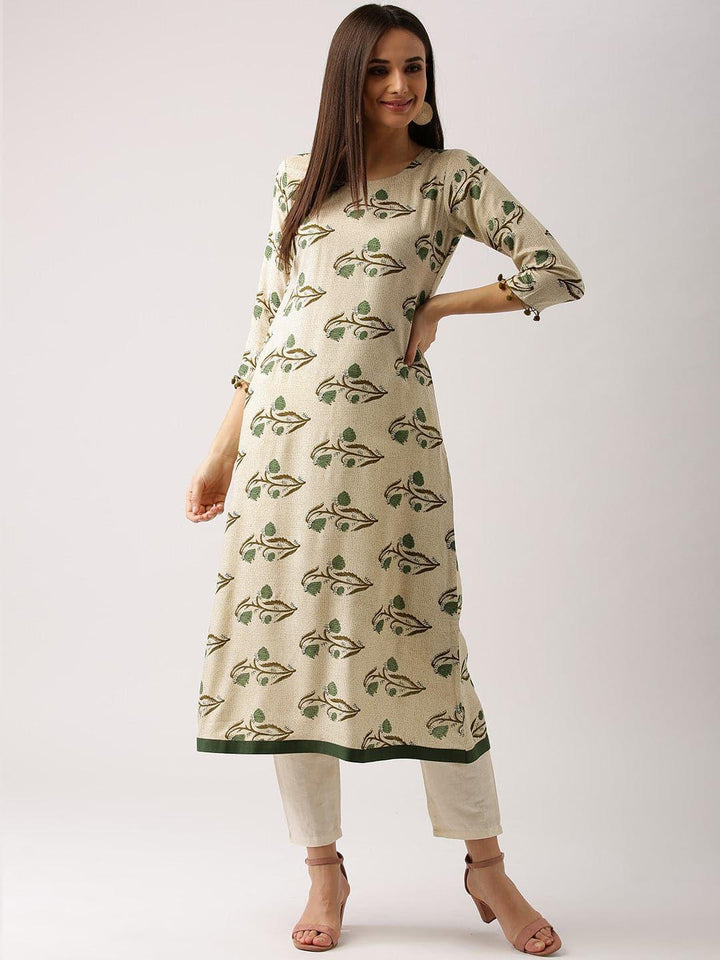 Beige Printed Rayon Kurta - ShopLibas