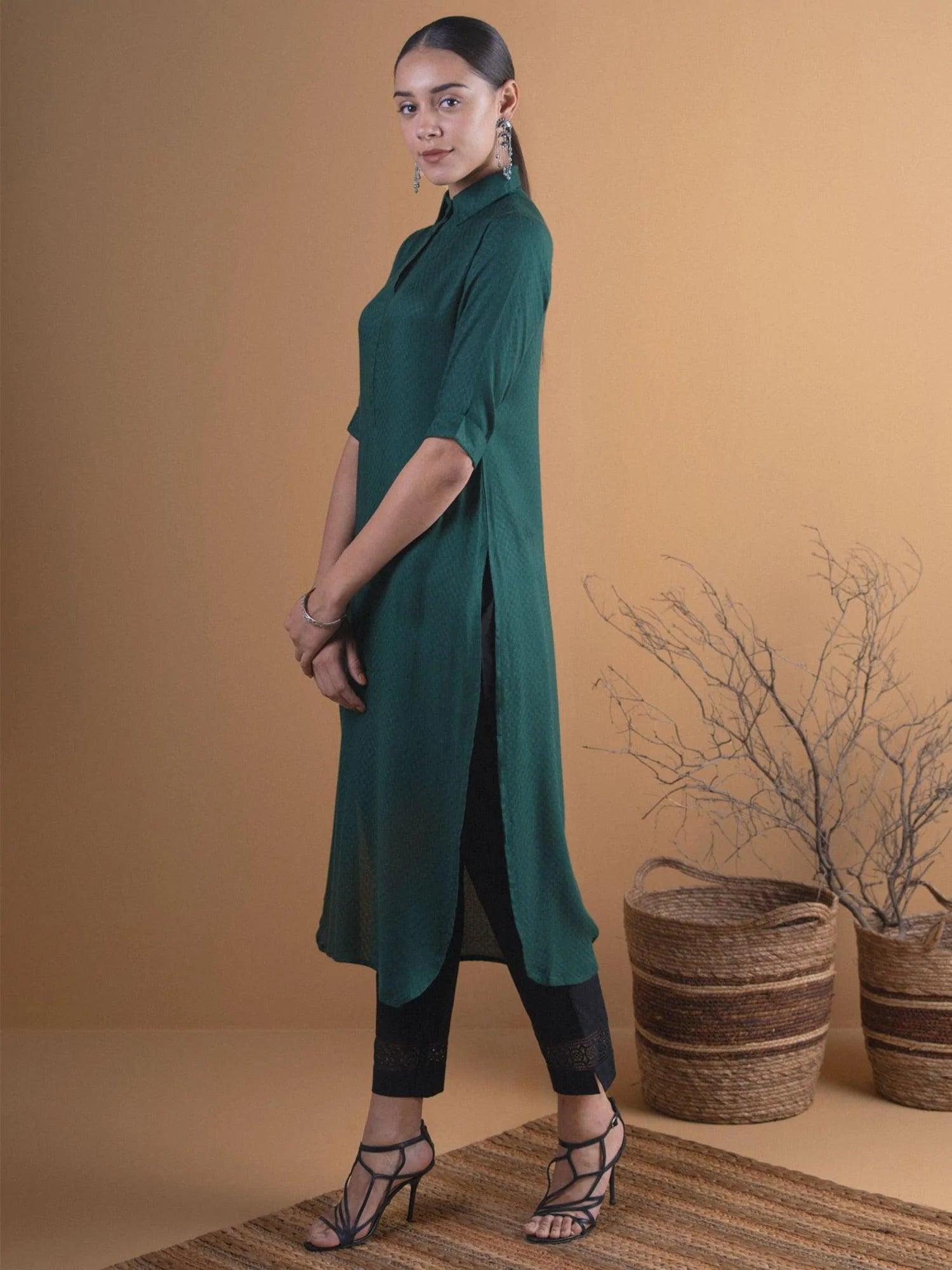 Green Woven Design Rayon Kurta