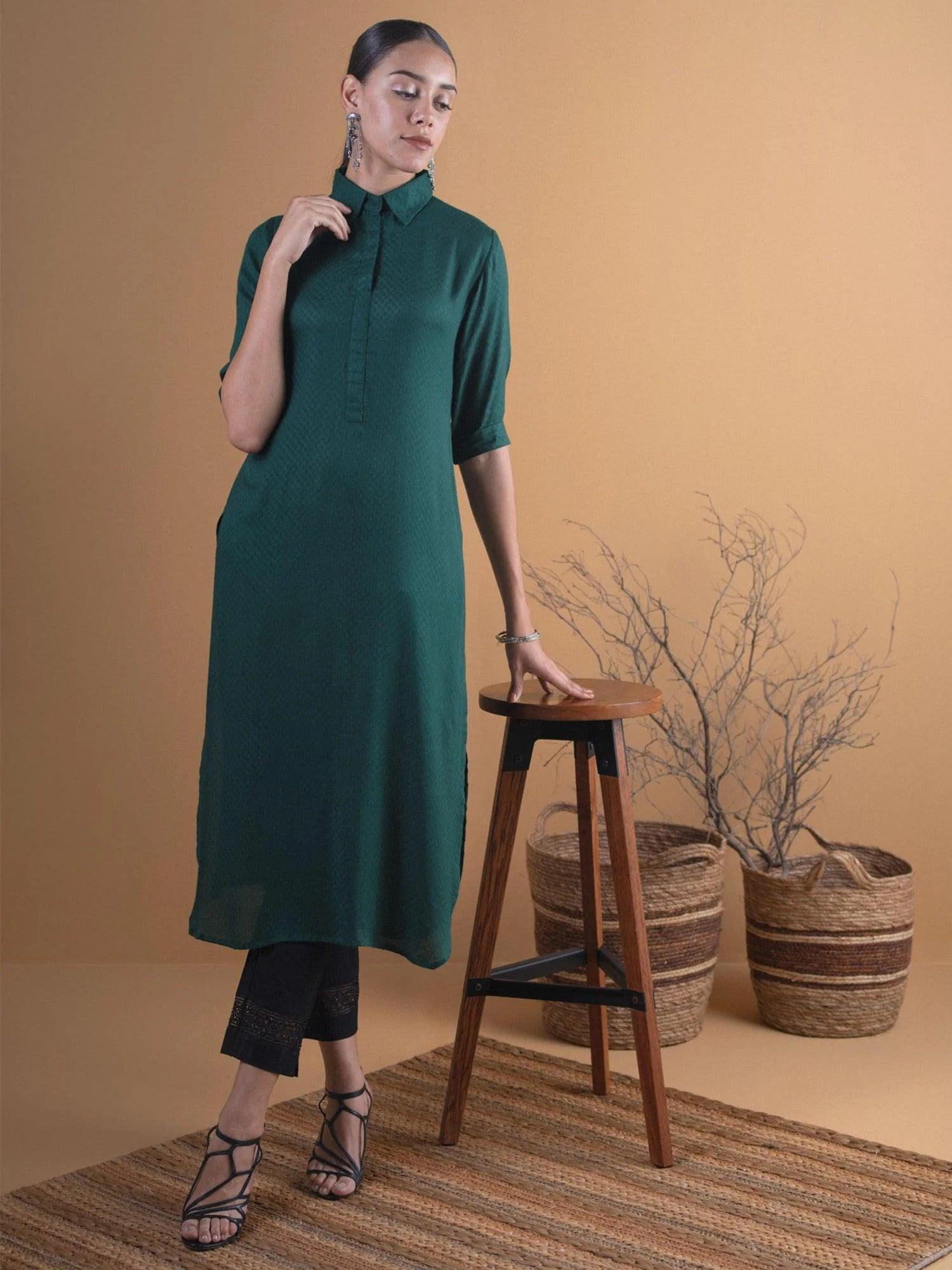 Green Woven Design Rayon Kurta