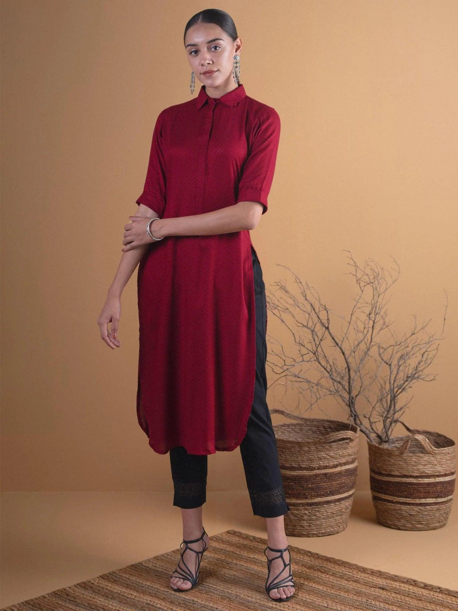 Maroon Woven Design Rayon Kurta