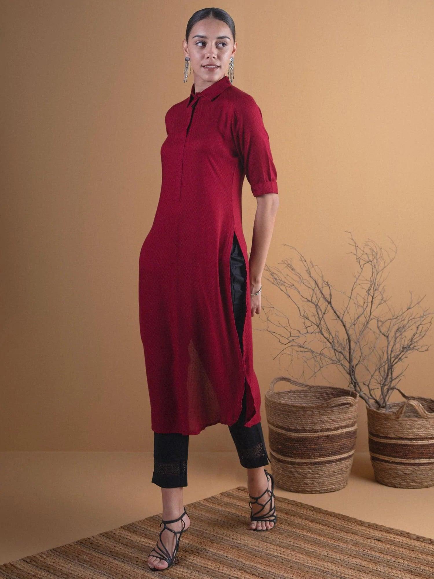 Maroon Woven Design Rayon Kurta