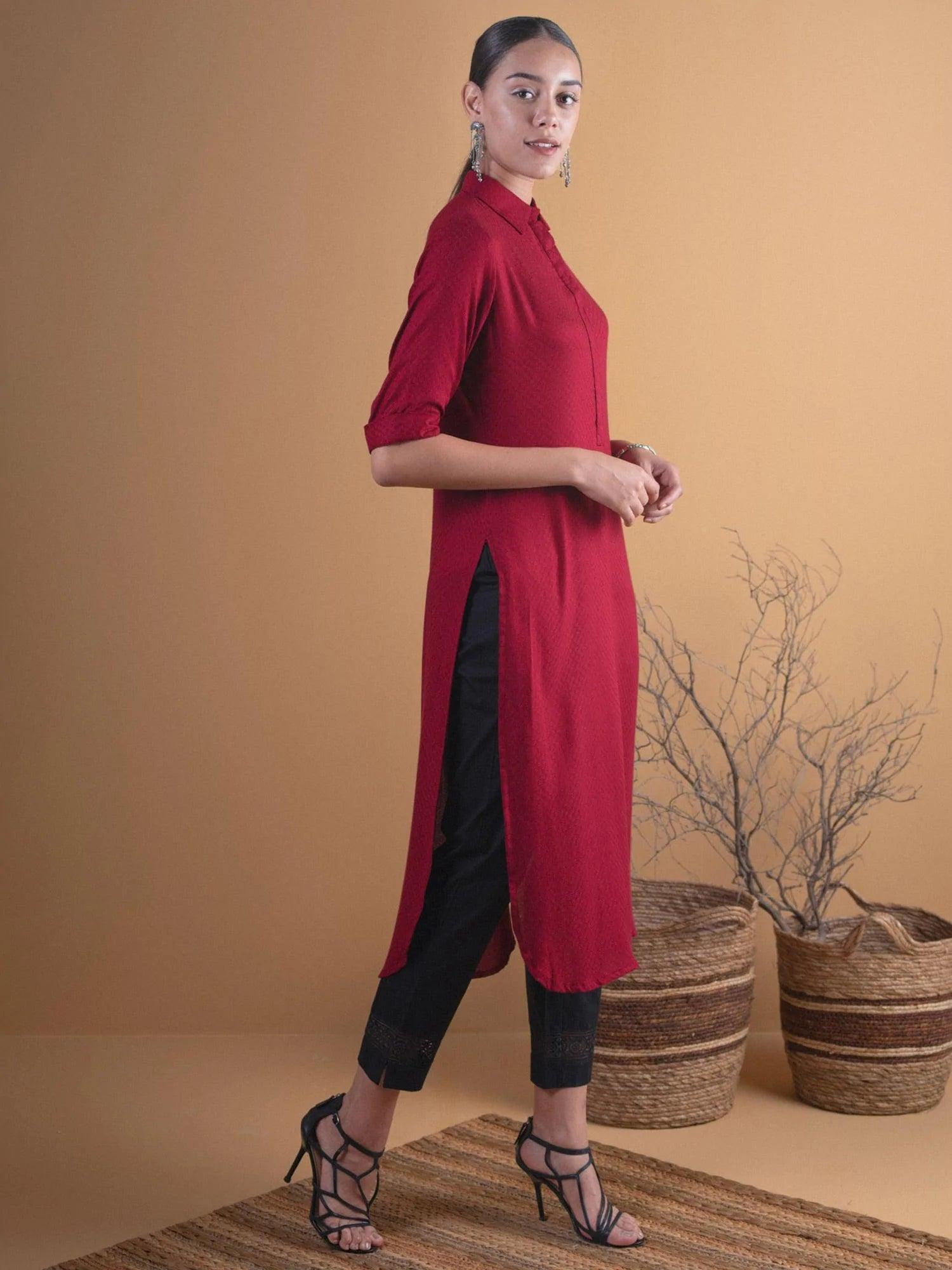 Maroon Woven Design Rayon Kurta