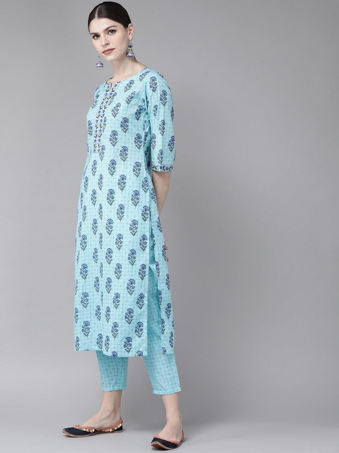 Blue Printed Cotton Kurta Set