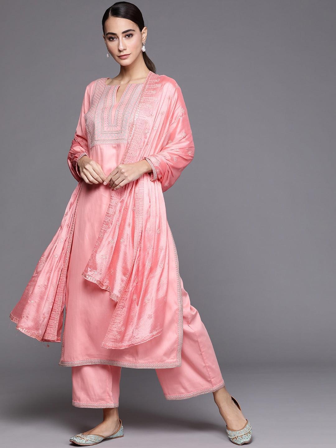 Pink Embroidered Silk Blend Suit Set