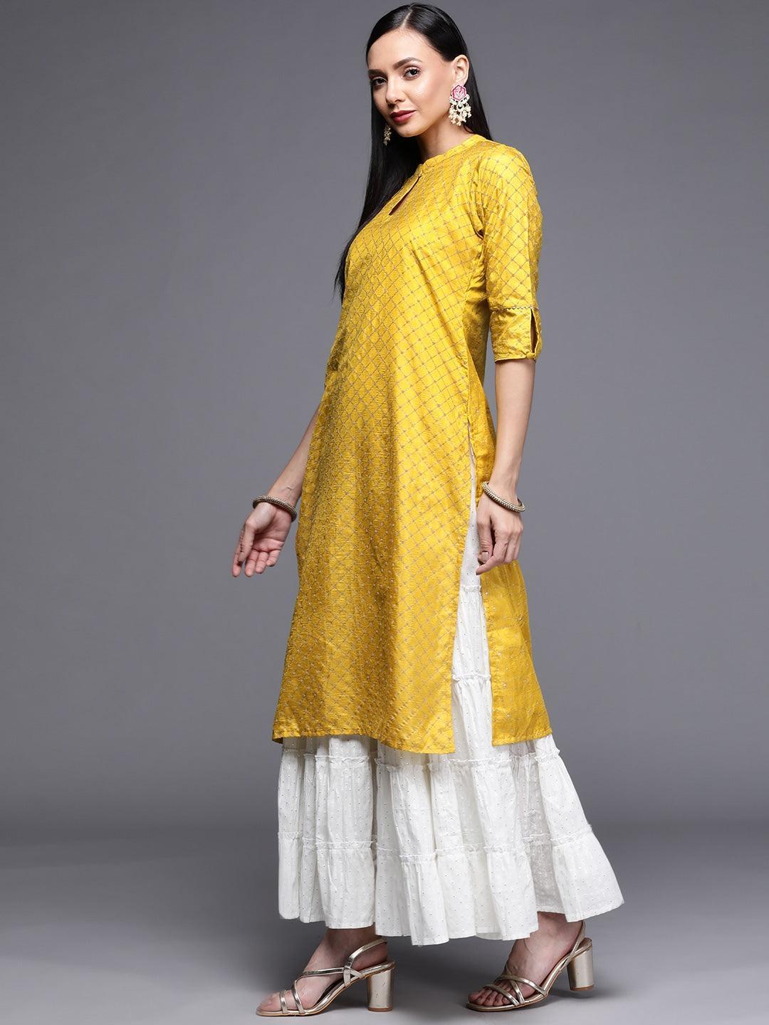 Yellow Printed Chanderi Silk Kurta