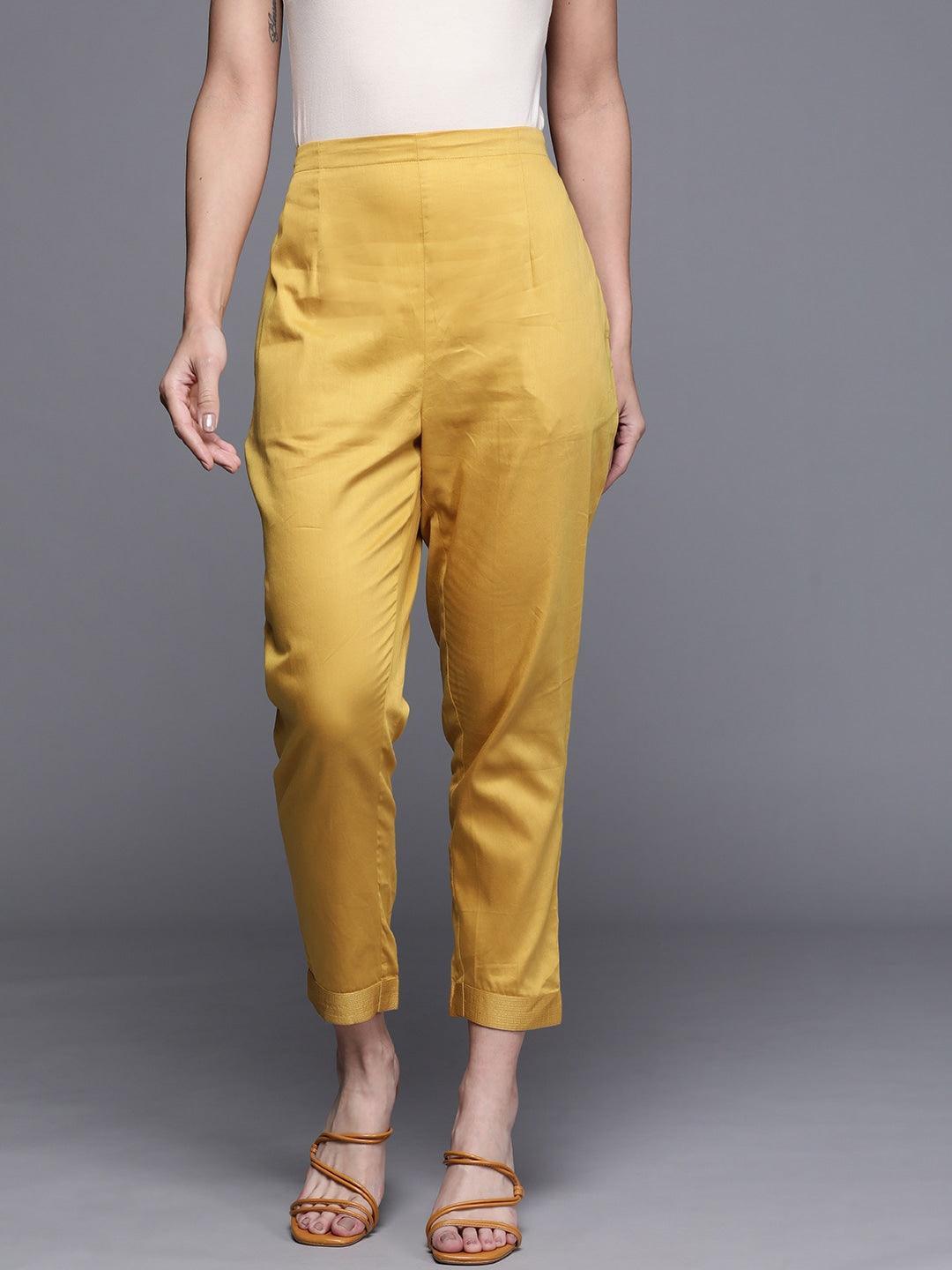 Yellow Solid Silk Trousers - ShopLibas