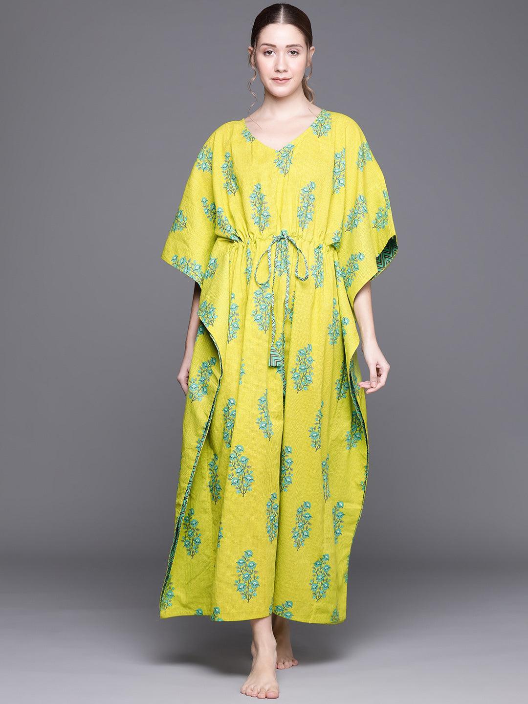 Green Cotton Printed Kaftan Nightdress