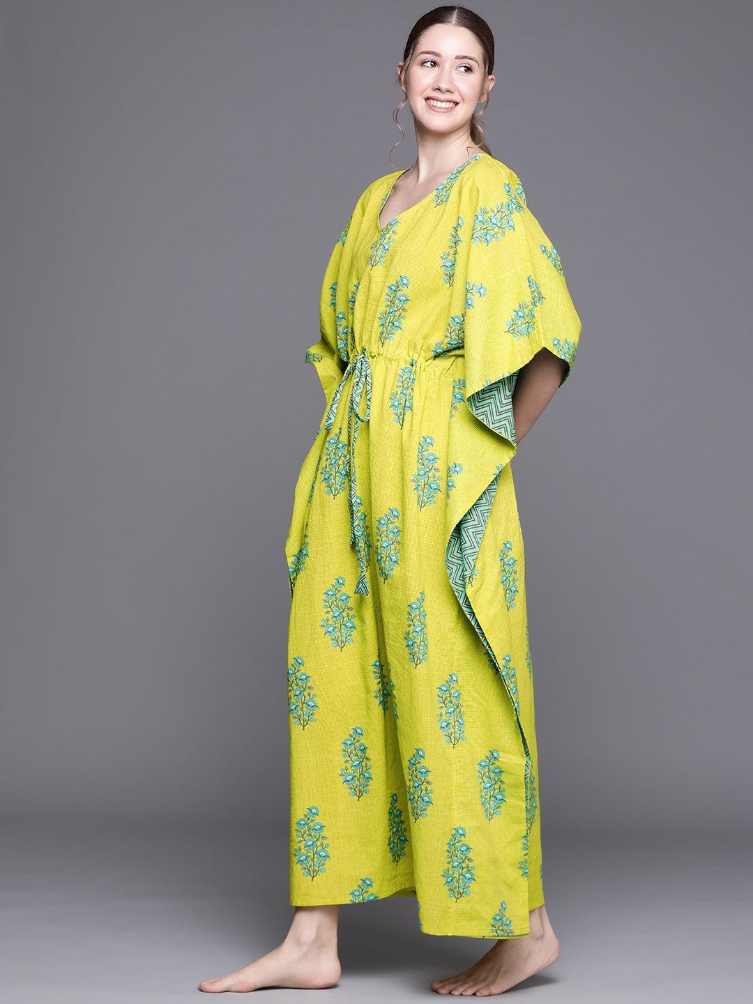 Green Cotton Printed Kaftan Nightdress