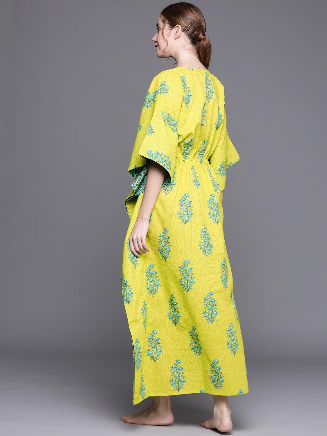 Green Cotton Printed Kaftan Nightdress