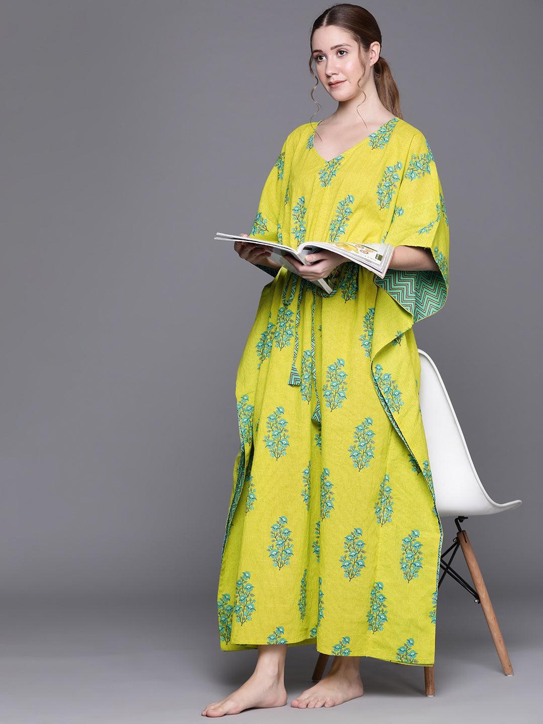 Green Cotton Printed Kaftan Nightdress