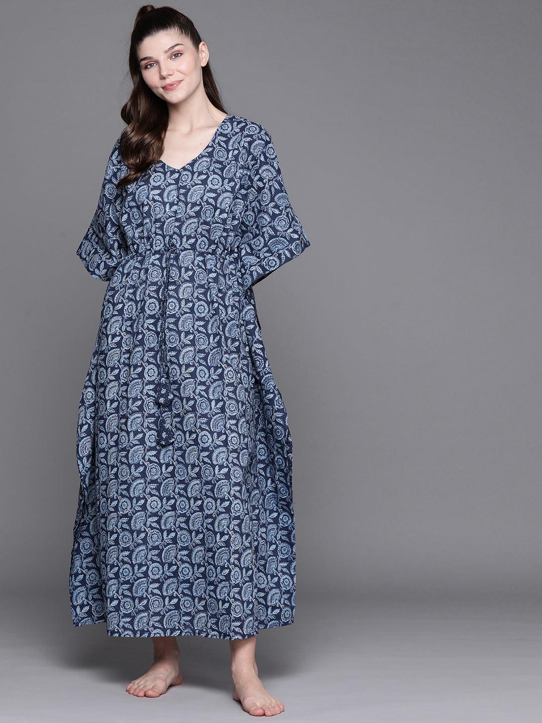 Blue Cotton Printed Kaftan Nightdress