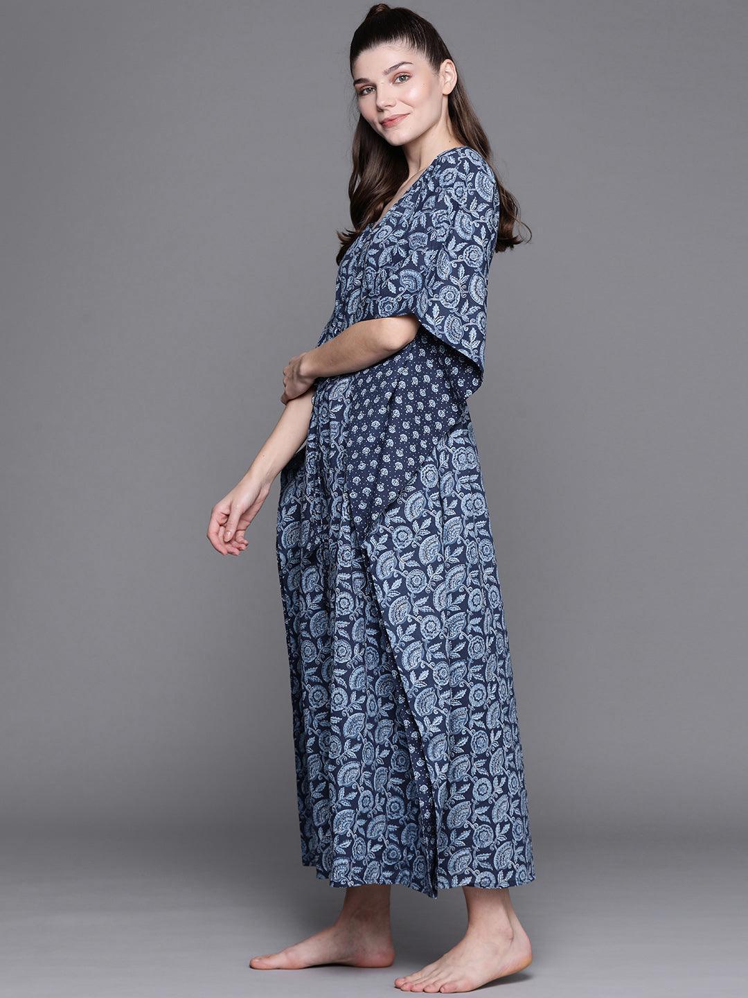 Blue Cotton Printed Kaftan Nightdress