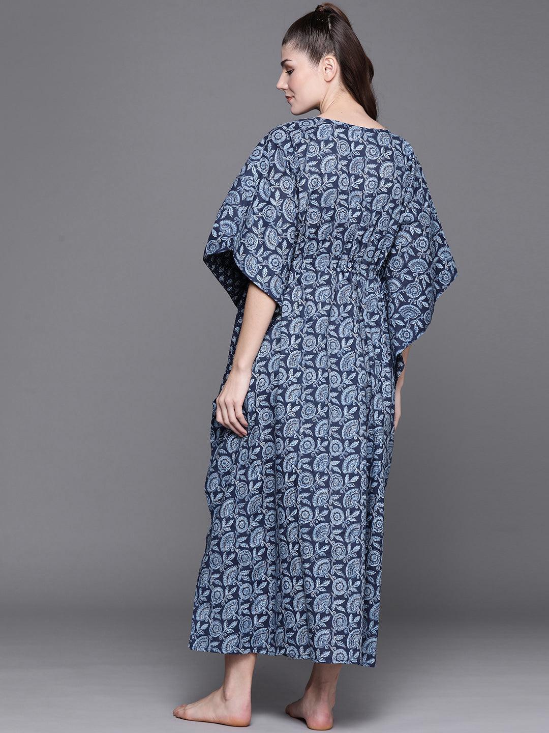 Blue Cotton Printed Kaftan Nightdress