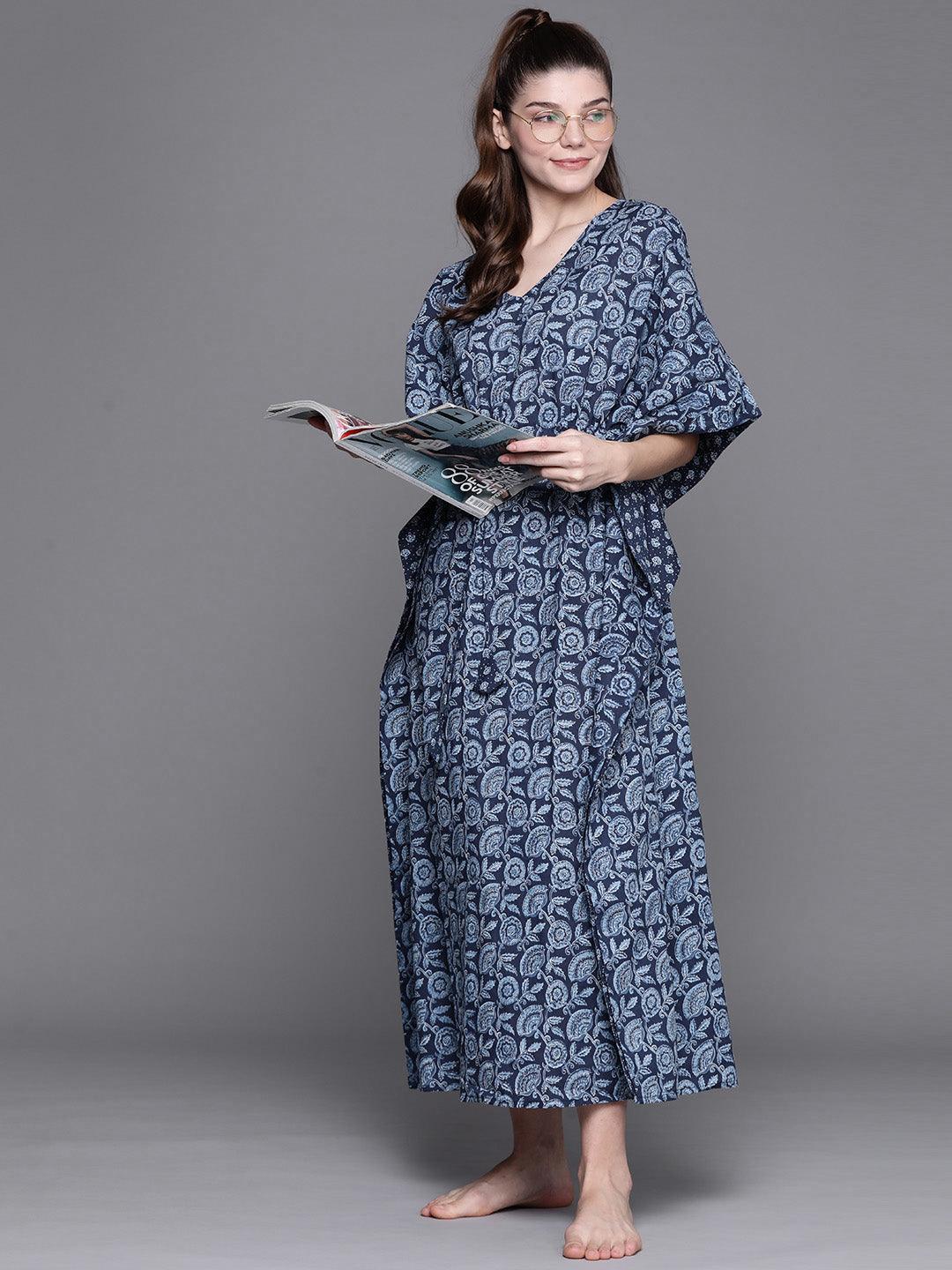 Blue Cotton Printed Kaftan Nightdress