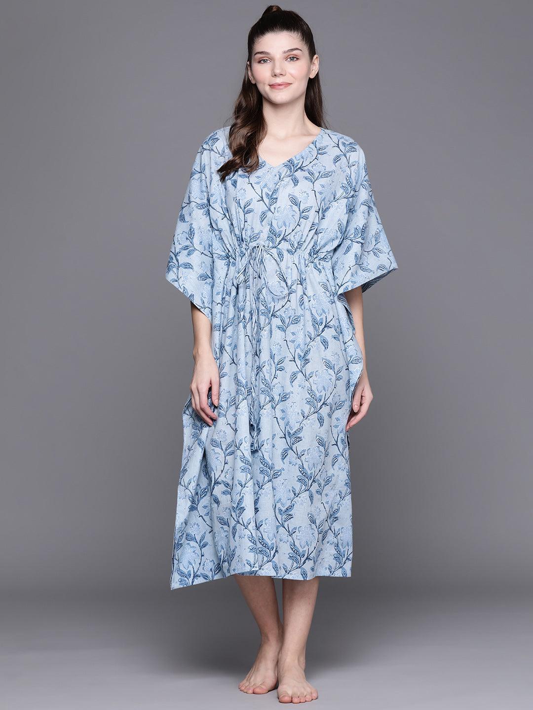 Blue Cotton Printed Kaftan Nightdress - ShopLibas