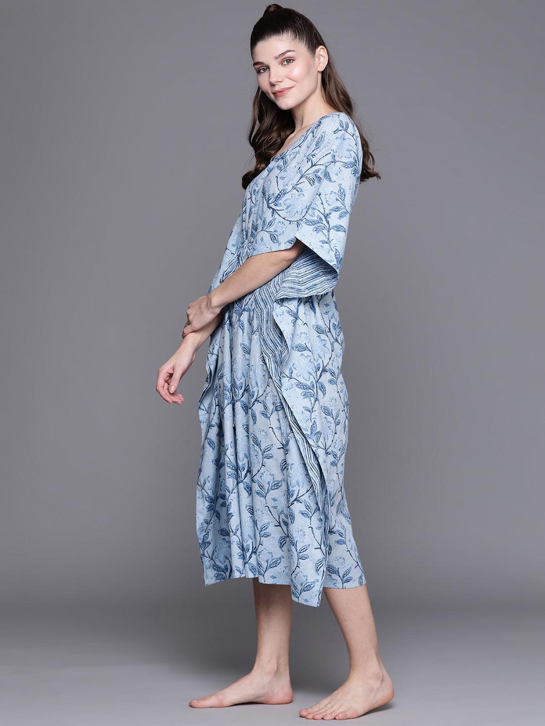 Blue Cotton Printed Kaftan Nightdress