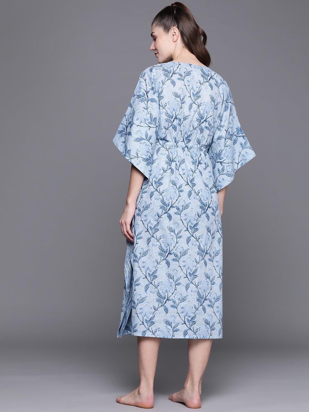 Blue Cotton Printed Kaftan Nightdress