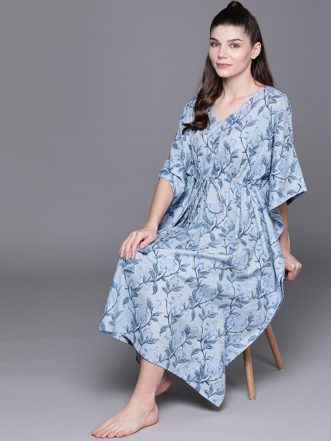 Blue Cotton Printed Kaftan Nightdress