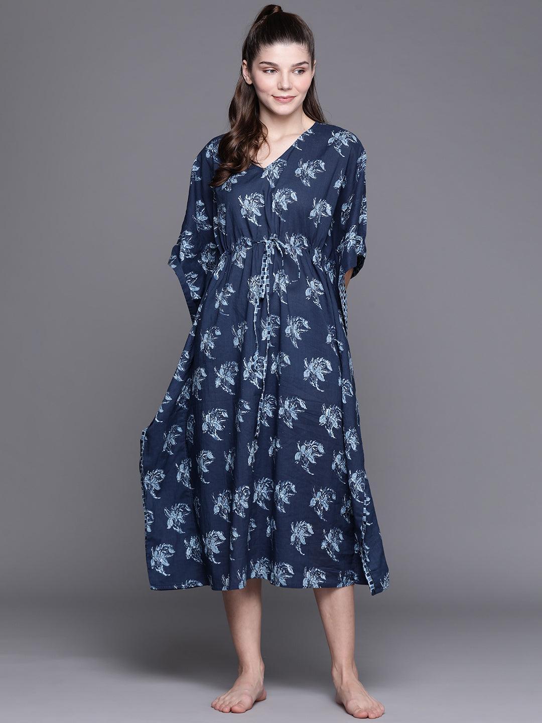 Blue Cotton Printed Kaftan Nightdress