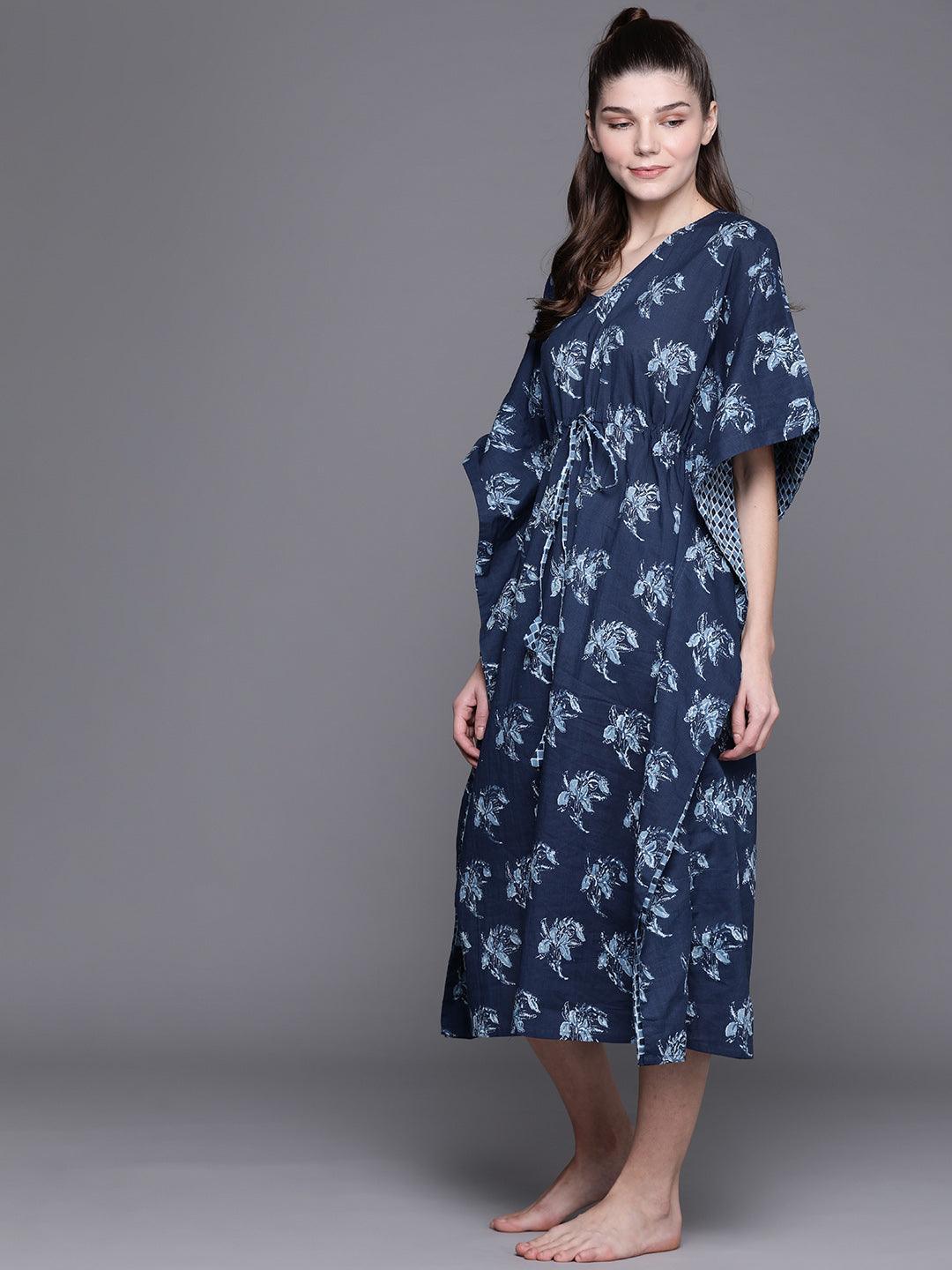 Blue Cotton Printed Kaftan Nightdress