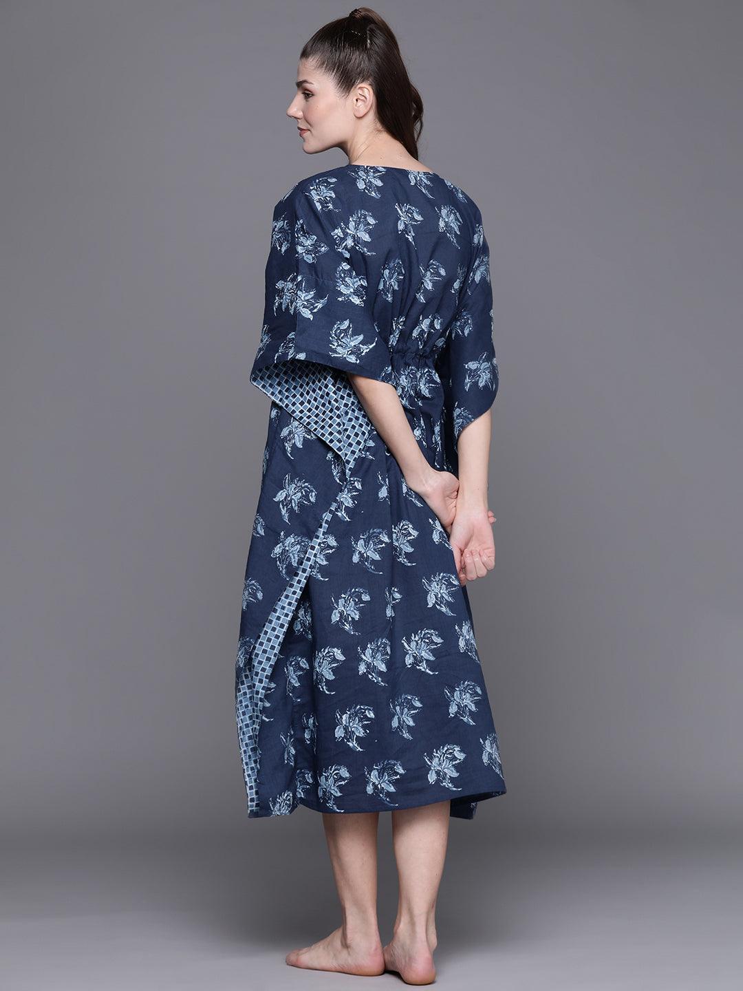 Blue Cotton Printed Kaftan Nightdress