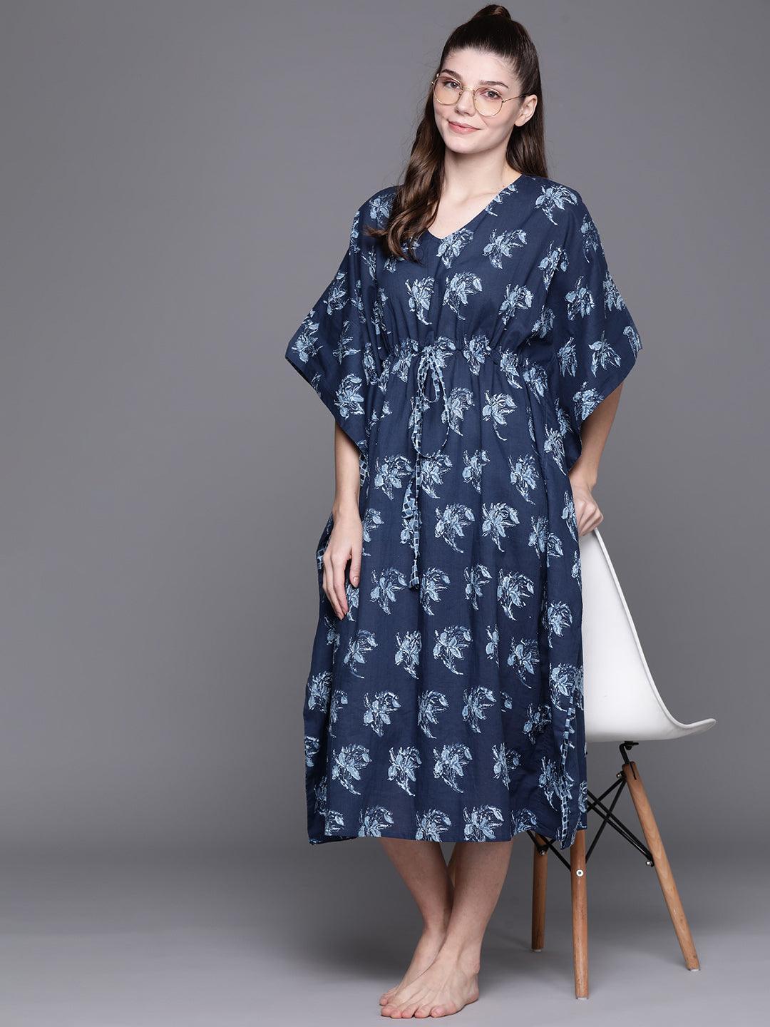 Blue Cotton Printed Kaftan Nightdress