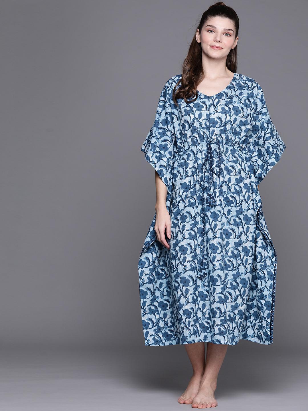 Blue Cotton Printed Kaftan Nightdress