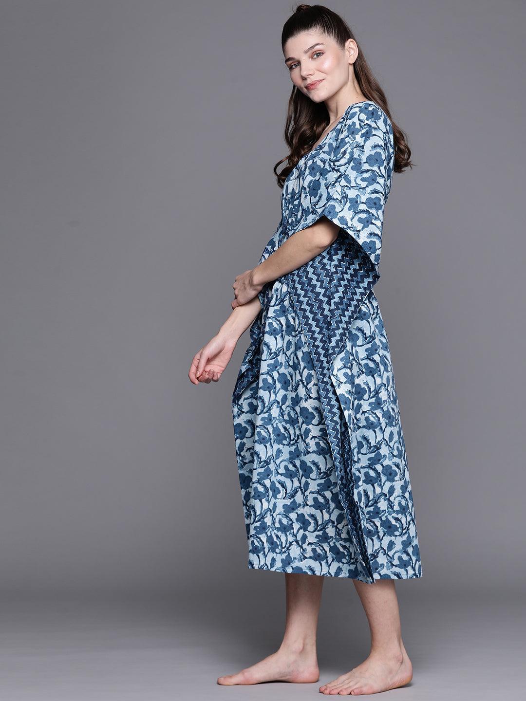 Blue Cotton Printed Kaftan Nightdress