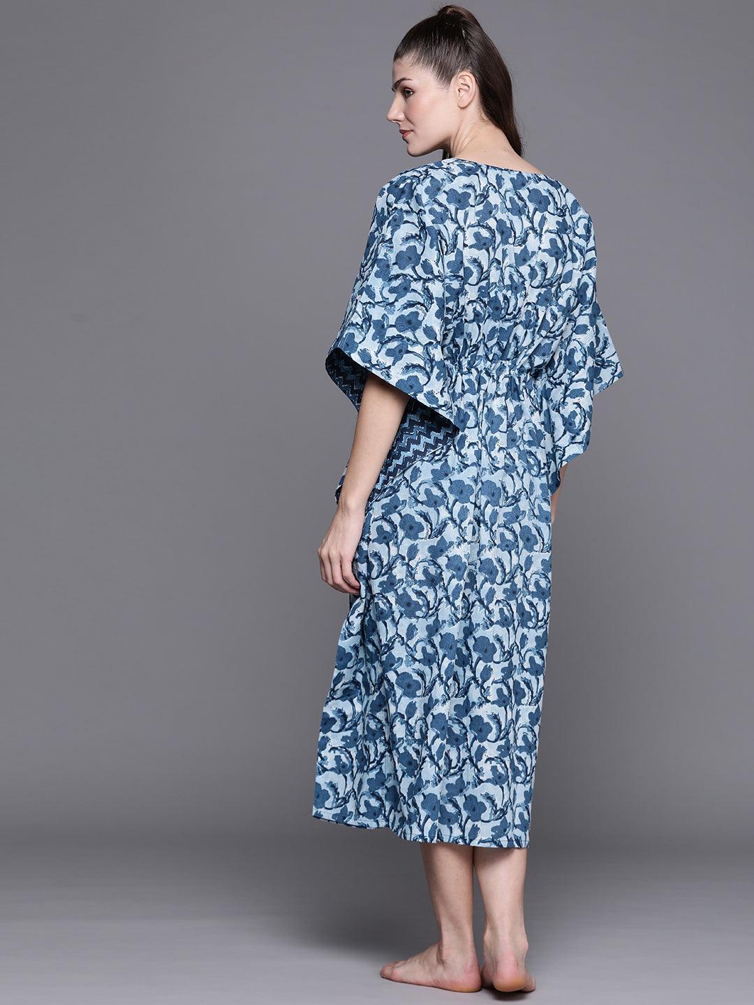 Blue Cotton Printed Kaftan Nightdress