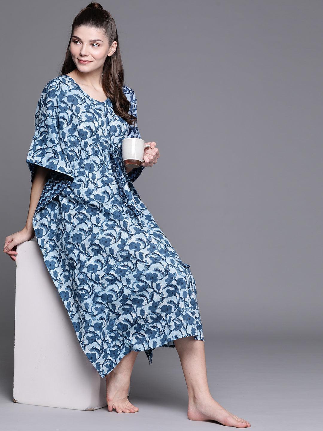 Blue Cotton Printed Kaftan Nightdress