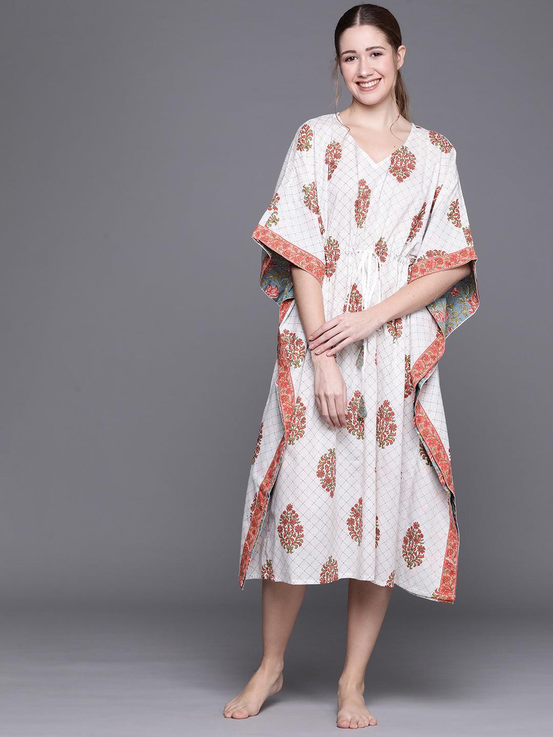 White Cotton Printed Kaftan Nightdress - ShopLibas