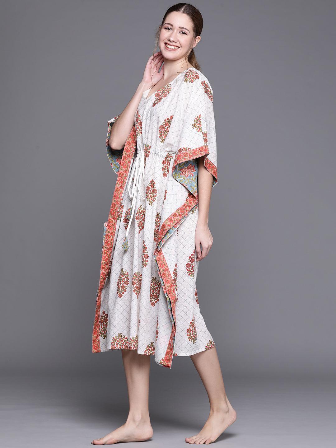 White Cotton Printed Kaftan Nightdress