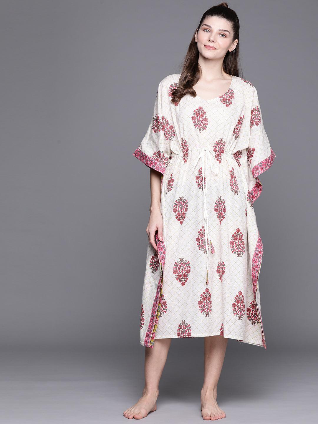 White Cotton Printed Kaftan Nightdress - ShopLibas