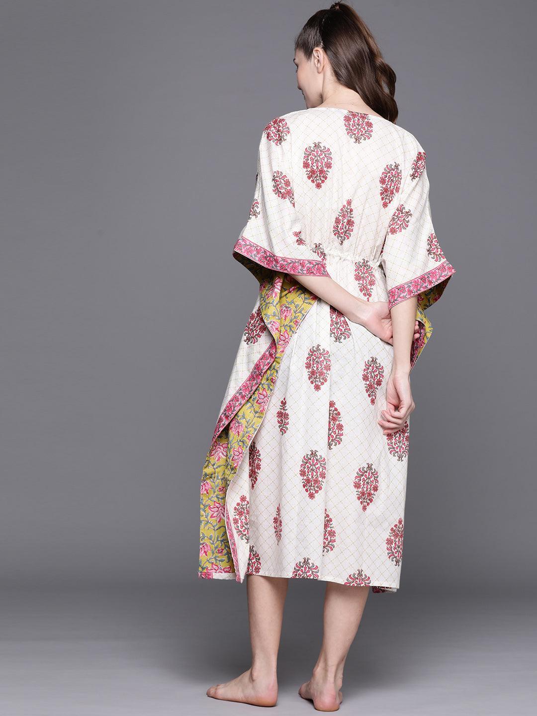 White Cotton Printed Kaftan Nightdress