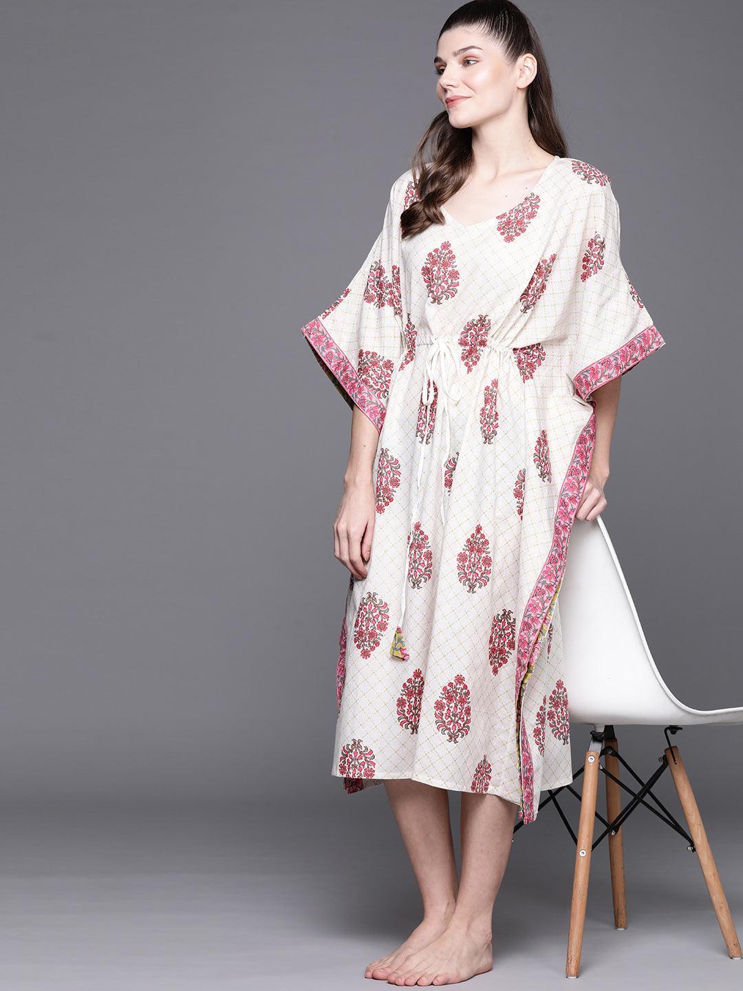 White Cotton Printed Kaftan Nightdress - ShopLibas