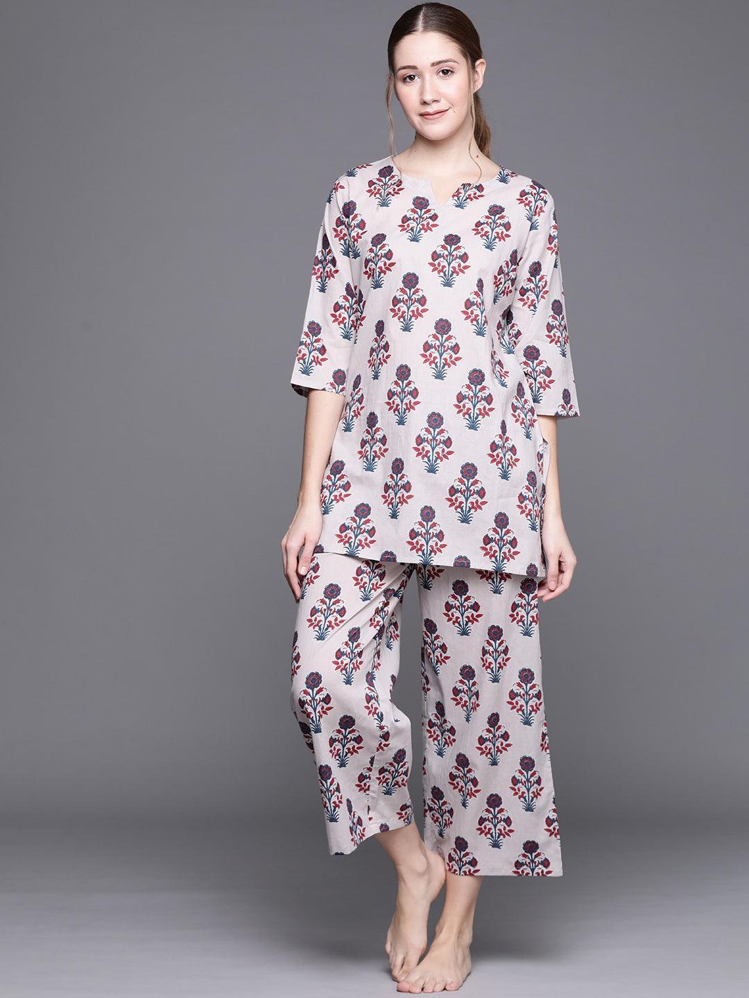 Grey Printed Cotton Night Suit