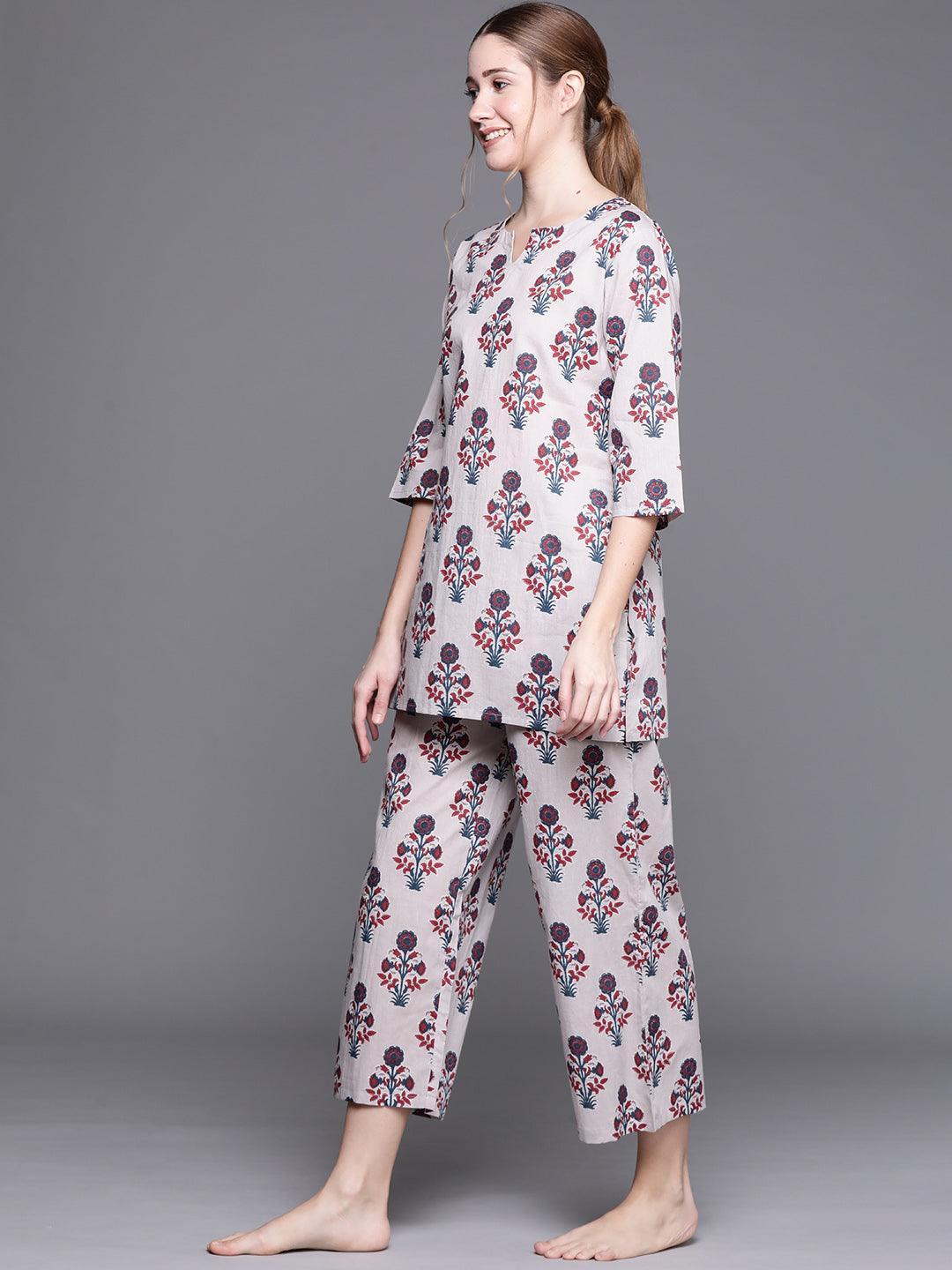 Grey Printed Cotton Night Suit