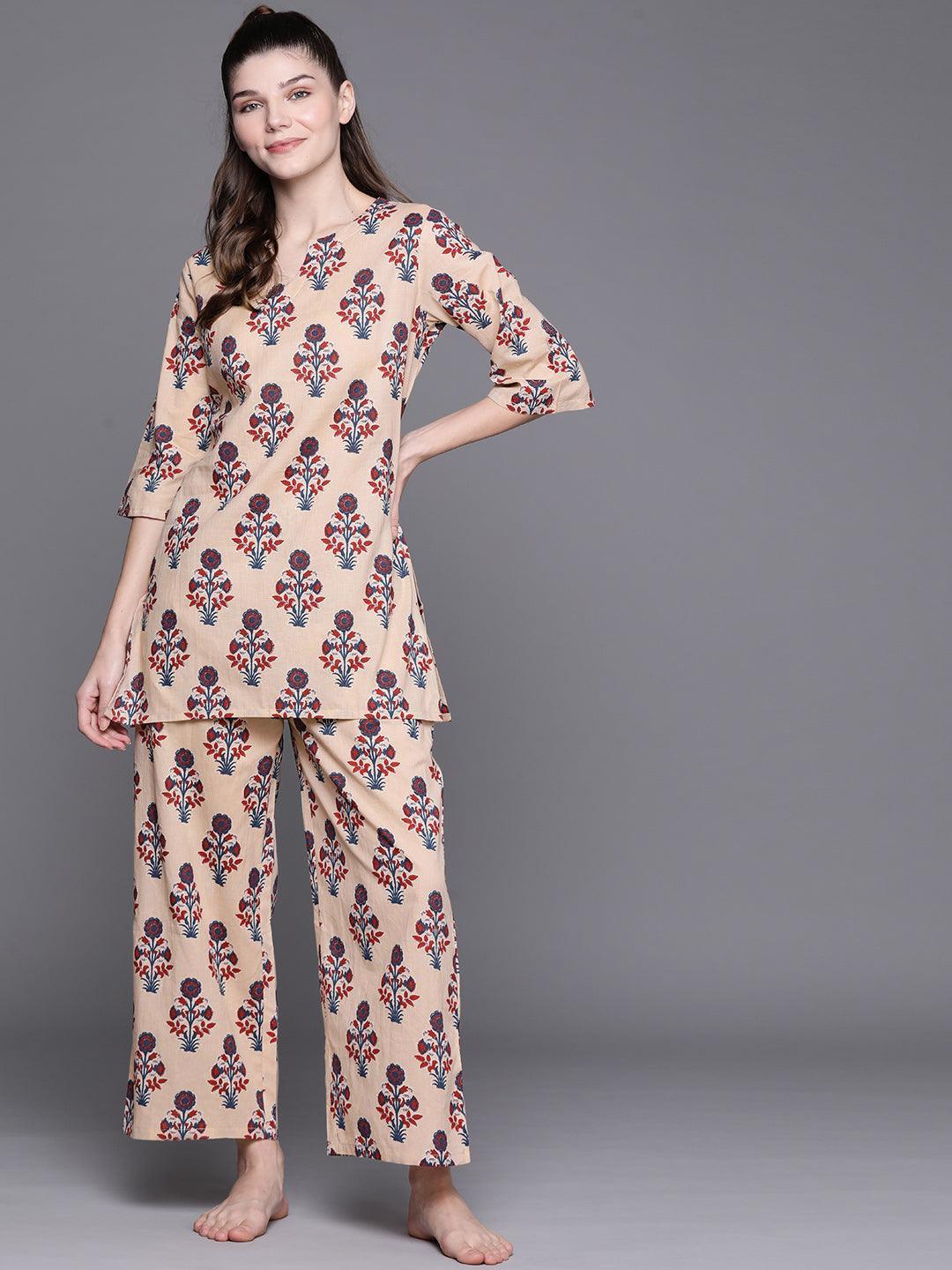 Peach Printed Cotton Night Suit - ShopLibas