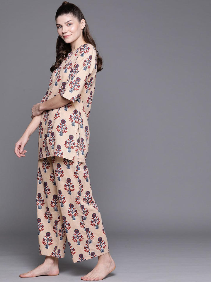 Peach Printed Cotton Night Suit - ShopLibas