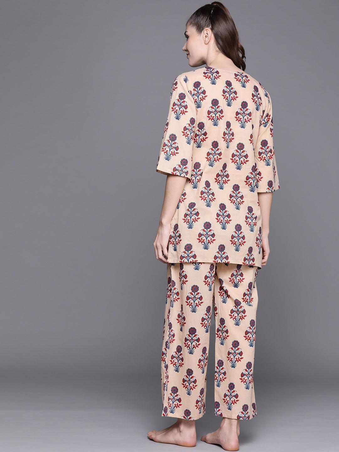 Peach Printed Cotton Night Suit - ShopLibas